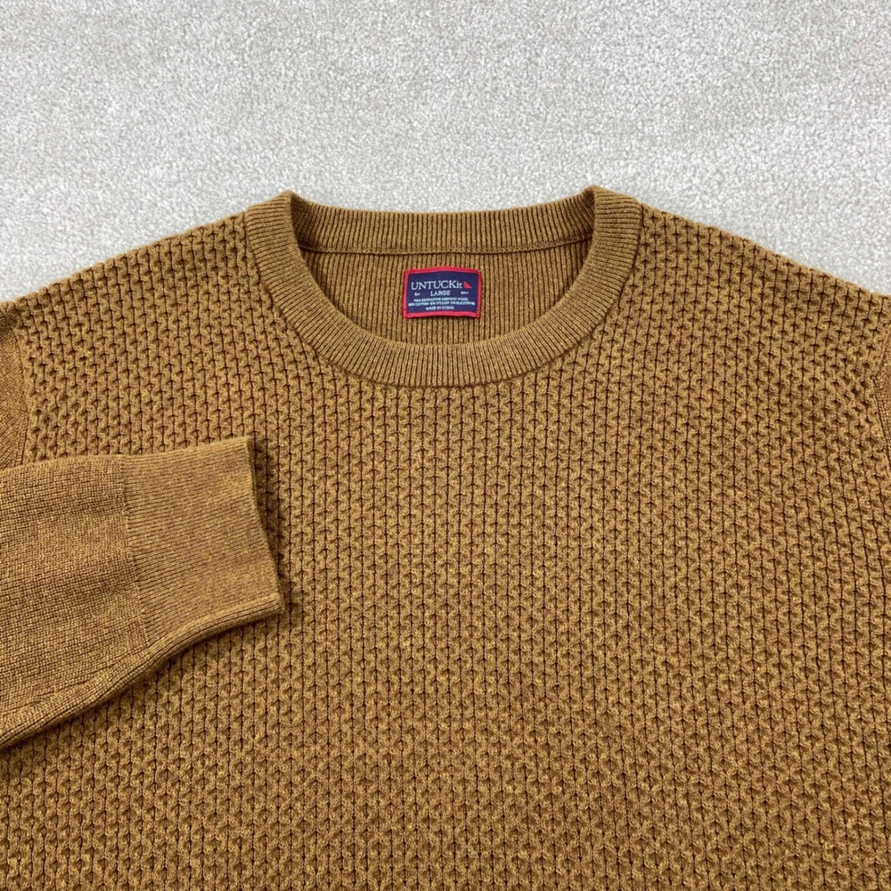 UNTUCKit Merino Wool Sweater Mens Large Brown Cotton Blend Waffle Knit Crewneck